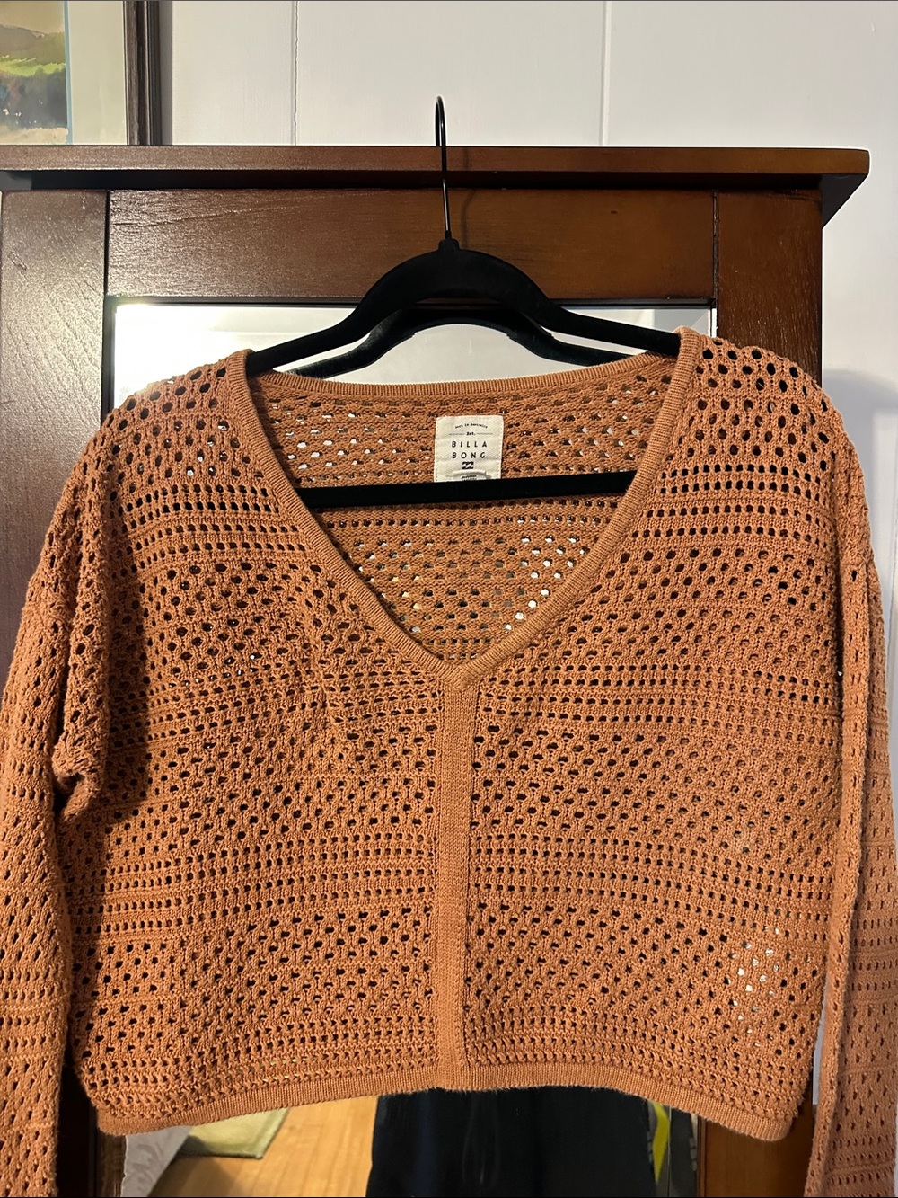 Billabong Cropped Rust Orange Crochet V-Neck Sweater